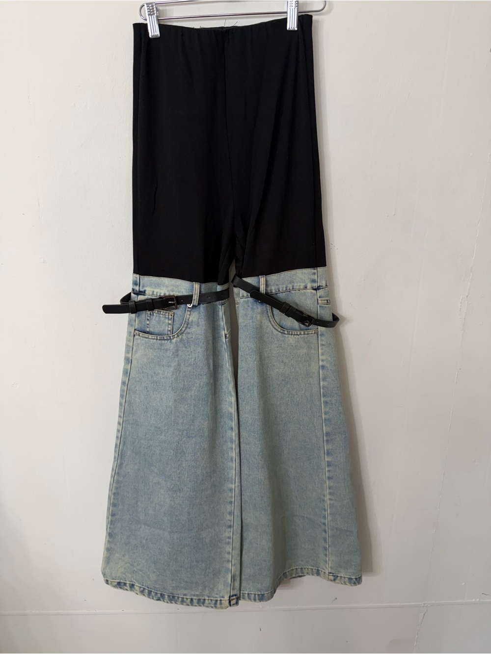 Azureshen Light Wash Denim Skirt with White Logo Patch